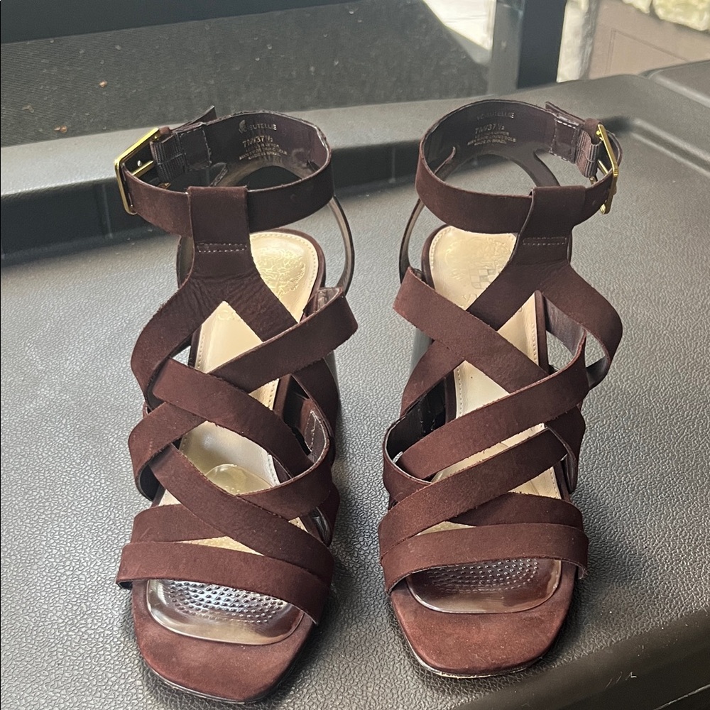 Vince Camuto Dark Brown Strappy Suede Ankle-Wrap Heels